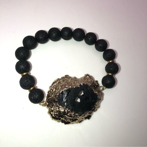 Lava Rock & Druzy Quartz Black Stone Stretch Bracelet Gold Tone OS - Picture 2 of 4